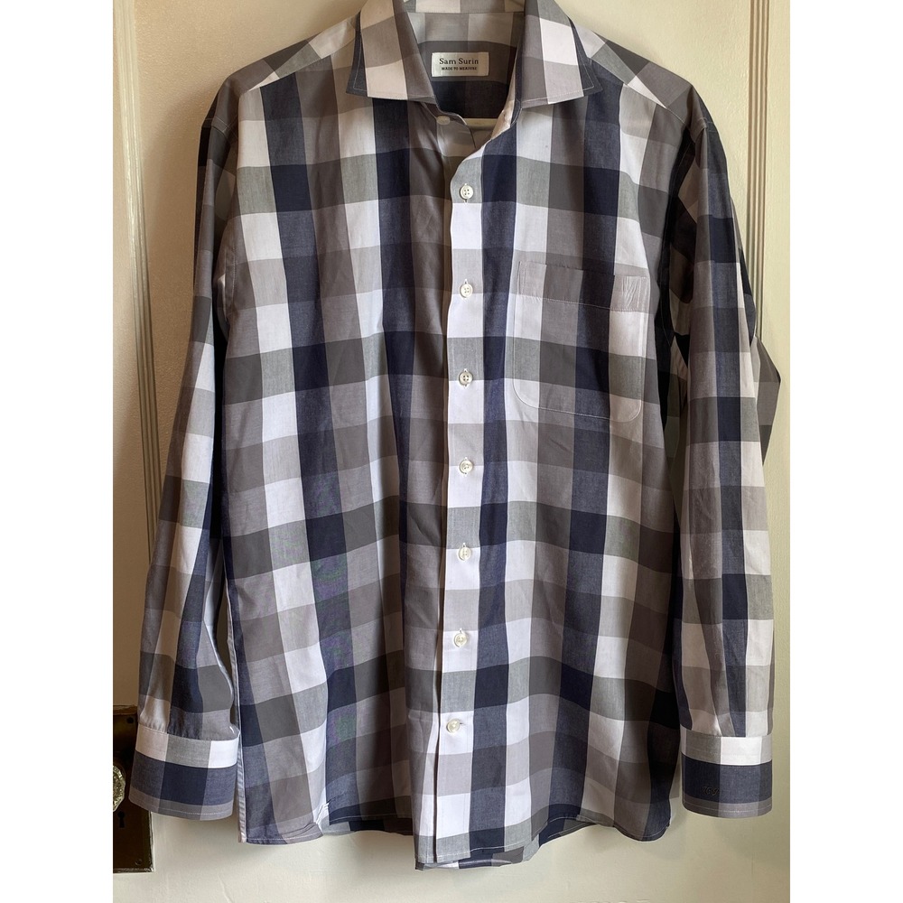 Sam Surin Custom Made to Measure Plaid Button Down Shirt Navy Grey L (READ)